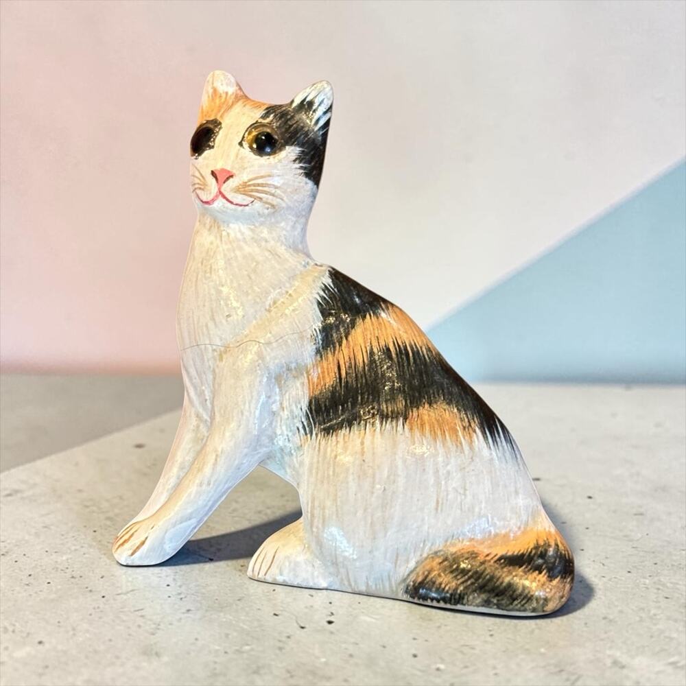 Whimsical Calico Cat Brooch Hand Painted Wood Folk Art Kitty Pin Vintage